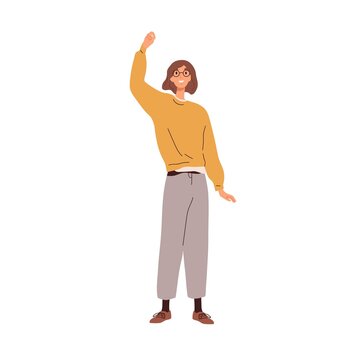 Happy excited woman rejoicing. Cheerful joyful person celebrates success and victory, raising fist up. Female employee exulting after achievement. Flat vector illustration isolated on white background