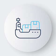 Obraz premium Line Cargo ship with boxes delivery service icon isolated on white background. Delivery, transportation. Freighter with parcels, boxes, goods. Colorful outline concept. Vector