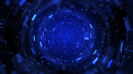 Fototapeta premium Blue digital tunnel of cyberspace with particles, Future technology geometric shape abstract background. 3d rendering