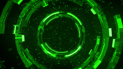 Fototapeta na wymiar Green digital tunnel of cyberspace with particles, Future technology geometric shape abstract background. 3d rendering