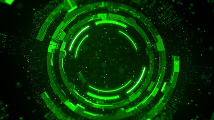 Green digital tunnel of cyberspace with particles, Future technology geometric shape abstract background. 3d rendering