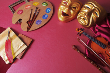 Art attributes. Music, painting, literature, theatre. Comedy and tragedy theatrical masks, book,...