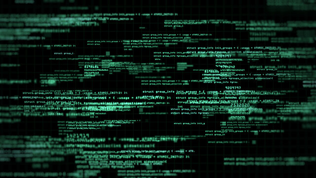 Abstract computer code running technology digital cyberspace. Programming code moving on a black screen background. 3d rendering