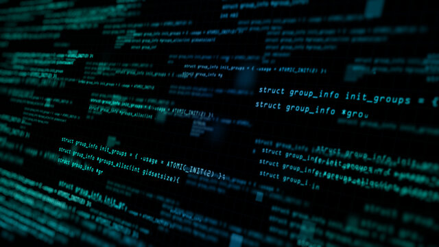 Abstract computer code running technology digital cyberspace. Programming code moving on a black screen background. 3d rendering