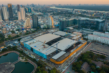 Aerial view of Bangkok city night view at Benjakitti Park, Bangkok, Thailand
