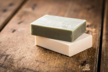 Natural handmade soap on a wooden background.Handmade natural eco soap