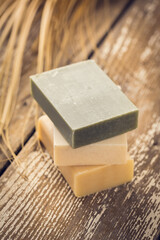 Natural handmade soap on a wooden background.Handmade natural eco soap