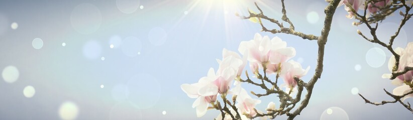 Spring background banner with bokeh lights and sunbeams  - magnolia tree with beautiful spring blossoms	