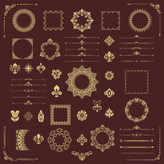 Vintage set of golden vector horizontal, square and round elements. Different elements for backgrounds, frames and monograms. Set of golden classic vintage patterns.