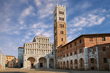 Lucca, Tuscany, Italy: the medieval Roman Catholic cathedral dedicated to Saint Martin of Tours in the old town of the ancient Tuscan city - 481106510