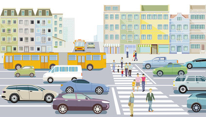 City silhouette with pedestrians and road traffic, illustration