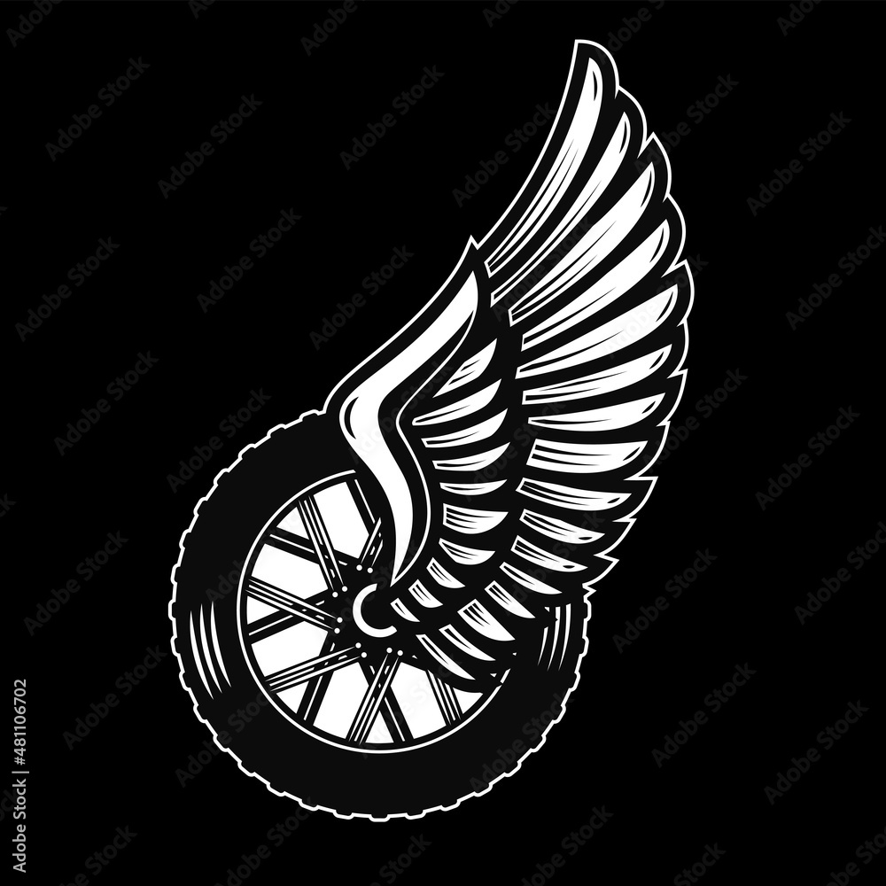 Wall mural Winged wheel in monochrome style. Design element for logo, label, sign, emblem. Vector illustration