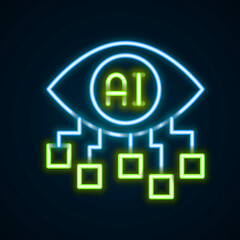 Glowing neon line Computer vision icon isolated on black background. Technical vision, eye circuit, video surveillance system, augmented reality systems. Colorful outline concept. Vector