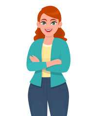 Cheerful young woman keeping crossed arms. Trendy smiling girl with folded hands. Female standing with confident pose. Modern lifestyle illustration design concept in vector cartoon style.