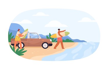 Surfers arrived at sea beach with surfboards. Guys with car and surf boards at seaside on summer holidays. Men friends on summertime vacation. Flat vector illustration isolated on white background