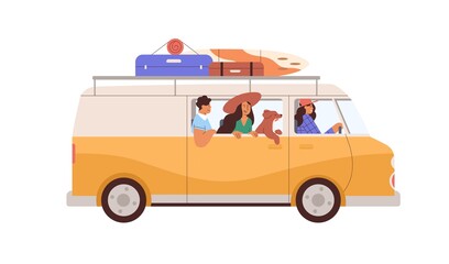 Friends travel by car on summer holidays. Happy people and dog in van during summertime road trip. Man, women and doggy in caravan on vacation. Flat vector illustration isolated on white background - obrazy, fototapety, plakaty