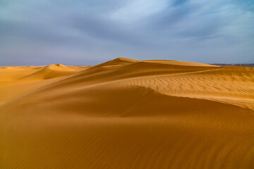 Fototapeta na wymiar Strong wind at sunset over the sand dunes in the desert. Sandstorm in the Desert