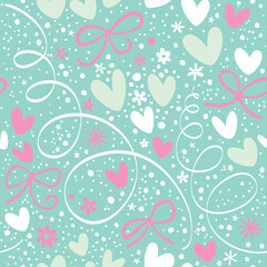 Seamless pattern with hearts, crowns on a mint background.