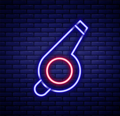 Glowing neon line Whistle icon isolated on brick wall background. Referee symbol. Fitness and sport sign. Colorful outline concept. Vector