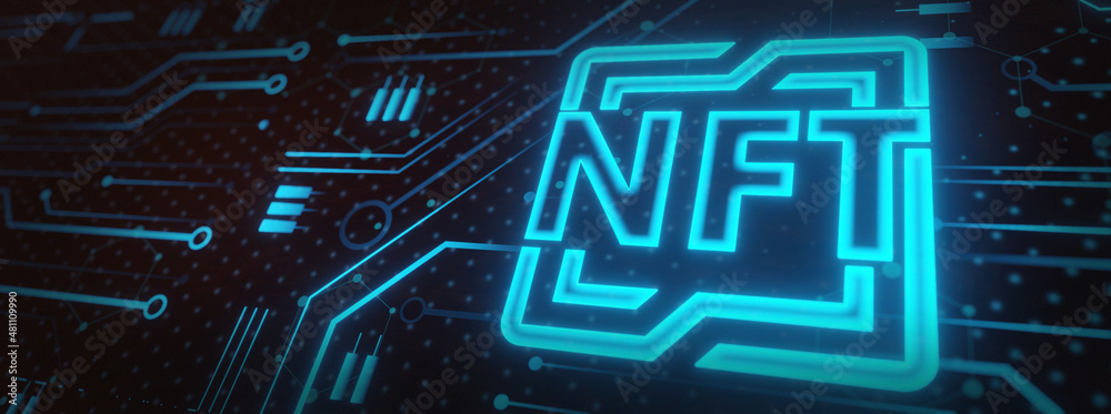 Wall mural concept of nft non-fungible tokens text in the center of neon line pcb network glowing in dark backg