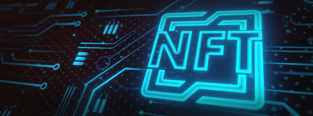 concept of NFT non-fungible tokens text in the center of neon line pcb network glowing in dark background.