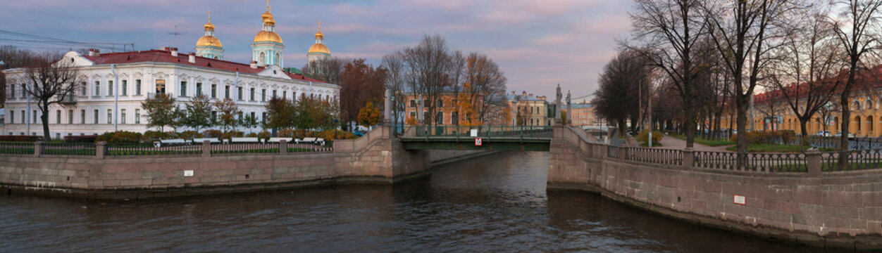 Autumn panorama of 'seven bridges' channels crossing (Semimostye), Saint Petersburg