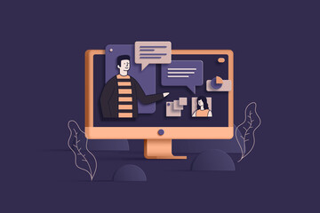 Monitor screen shows how a man and a woman are chatting. Conversations and learning through social networks. Receiving information and news via the Internet. 3d illustration on a dark background.