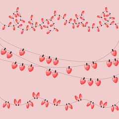 Pink garland for Valentine's Day or wedding. Light bulbs of various shapes - hearts, flashlights, illumination. Romantic illustration. The theme is love. Vector graphics.