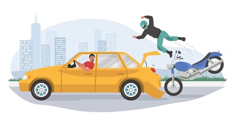 Motorcycle road accident, vector illustration. Motorbike collision with car. Motor vehicle crash, injured motorcyclist.