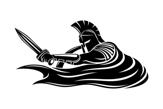 Spartan with sword and shield on white background.