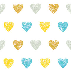 Seamless pattern with gold and blue color hearts.