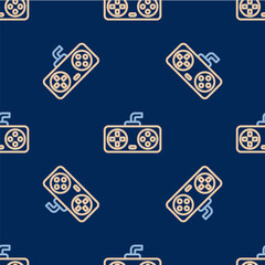 Line Game controller or joystick for game console icon isolated seamless pattern on blue background. Vector