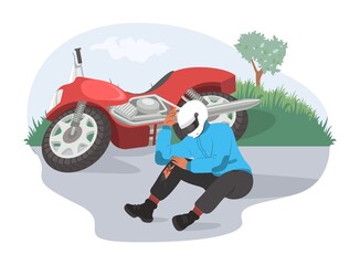 Motorcycle accident, flat vector illustration. Injured motorcyclist sitting on the road next to his damaged motorbike.