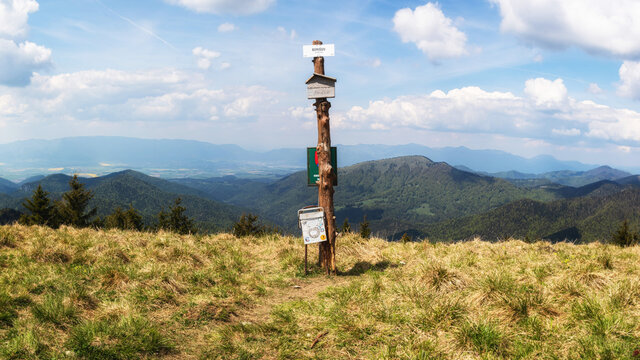 Tourist Sign on the top of the Borisov Mountain in Great Fatra (Slovak: Velka Fatra) Mountain Range, Slovakia