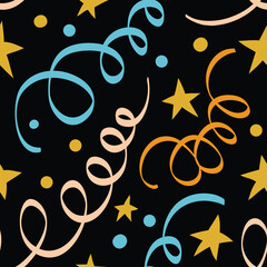 Seamless pattern with serpentine, stars and confetti on a black background.