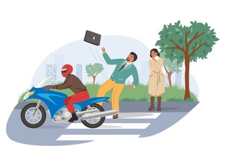 Motorcycle accident, vector illustration. Motorcyclist struck pedestrian on crosswalk. Road traffic accident.
