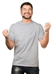 Gray t-shirt on a young happy man isolated