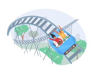 Obraz premium People riding roller coaster, vector illustration. Fairground amusement park attraction. Entertainment, leisure activity