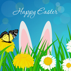 Happy easter greeting card with green grass, spring flowers, bunny ears and butterfly