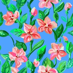 Seamless pattern of red bright lilies on a blue background for textiles.