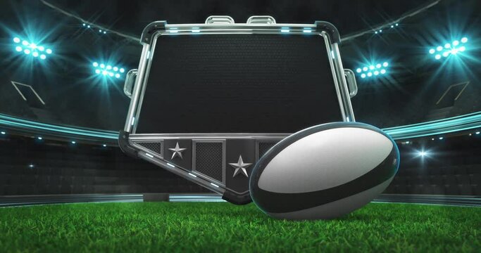  Rolling rugby ball and steel shield with empty space for advertisement text. Green grass field and illuminated sport arena with light flashes. Two 4K video parts of loopable sport intro.