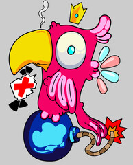 cartoon parrot perched on a bomb