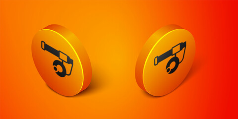 Isometric Fishing rod icon isolated on orange background. Catch a big fish. Fishing equipment and fish farming topics. Orange circle button. Vector