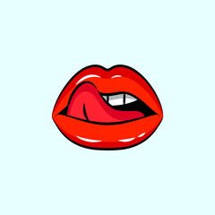 Obraz premium Female licking sexy red lips, mouth with tongue