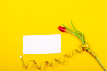 Tulip, white business card blank and centimeter tape on yellow background with copy space text...