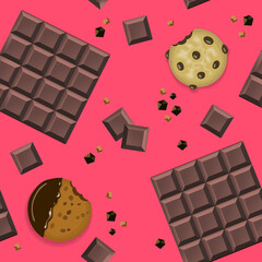 Vector seamless pattern with chocolate bars, cookies and chocolate slices on pink background. Simple clean illustration