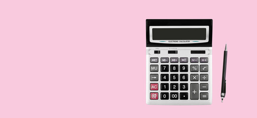 Big silver financial calculator with gray and black buttons and black pen on pink background. Banner with copy space. Concept of calculations, accounting, computing, profit, loss, tax with text place