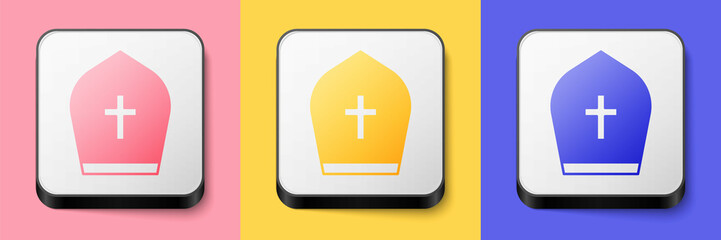 Isometric Pope hat icon isolated on pink, yellow and blue background. Christian hat sign. Square button. Vector