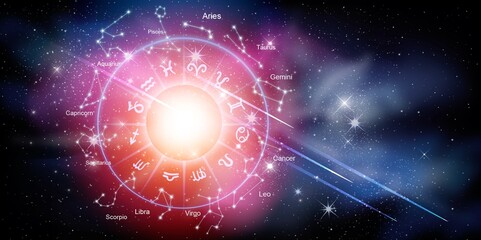 Zodiac signs inside of horoscope circle. Astrology in the sky with stars and moons  astrology and horoscopes concept - obrazy, fototapety, plakaty