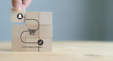 Customer journey concept on wooden cubes on grey background. Business and social media marketing, ...